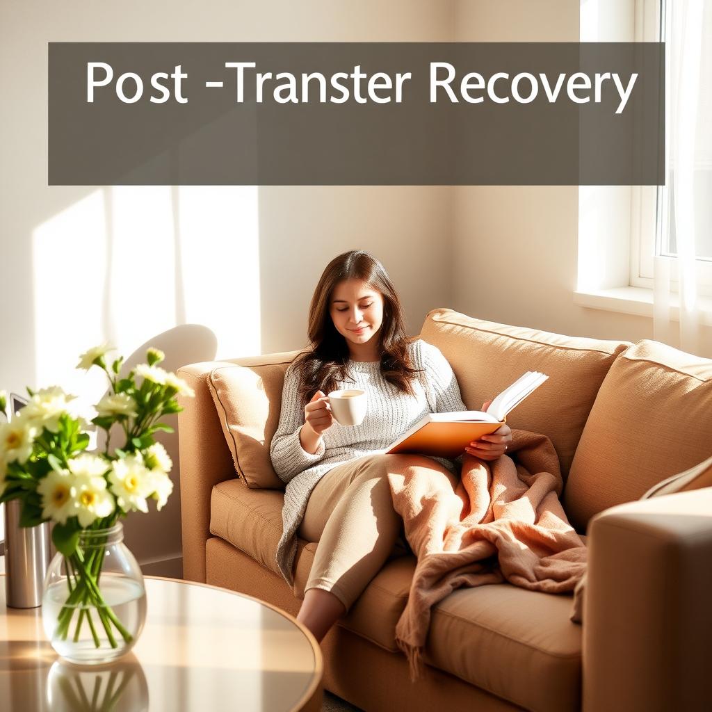 A woman relaxing at home after an embryo transfer, surrounded by comforting elements.