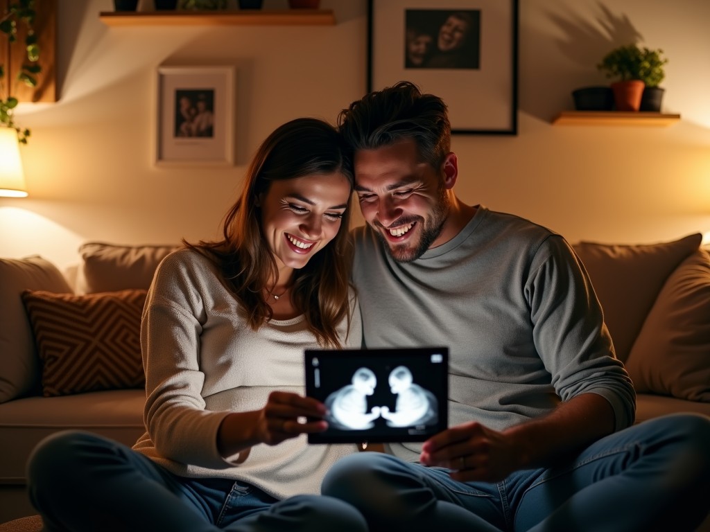 A couple happily looking at ultrasound images of their unborn twins, seated together in a cozy living room setting.