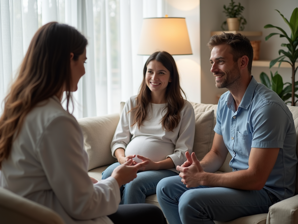 Couple talking with a fertility doctor about their IVF plan in a clinic.
