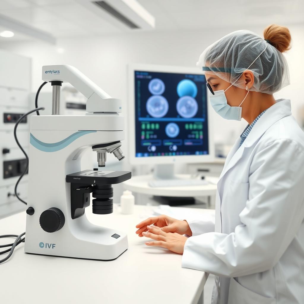 Scientist in an IVF lab examining embryos under a microscope