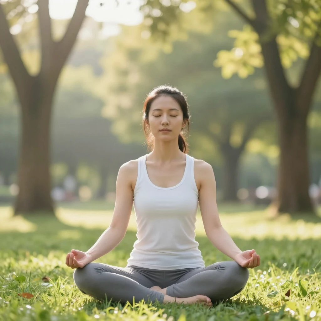 A woman meditating peacefully in a park to manage stress from infertility
