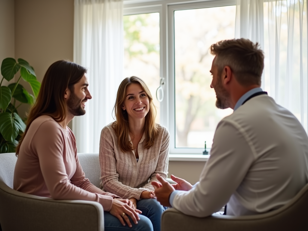 A couple consulting with a fertility specialist in a cozy office setting.