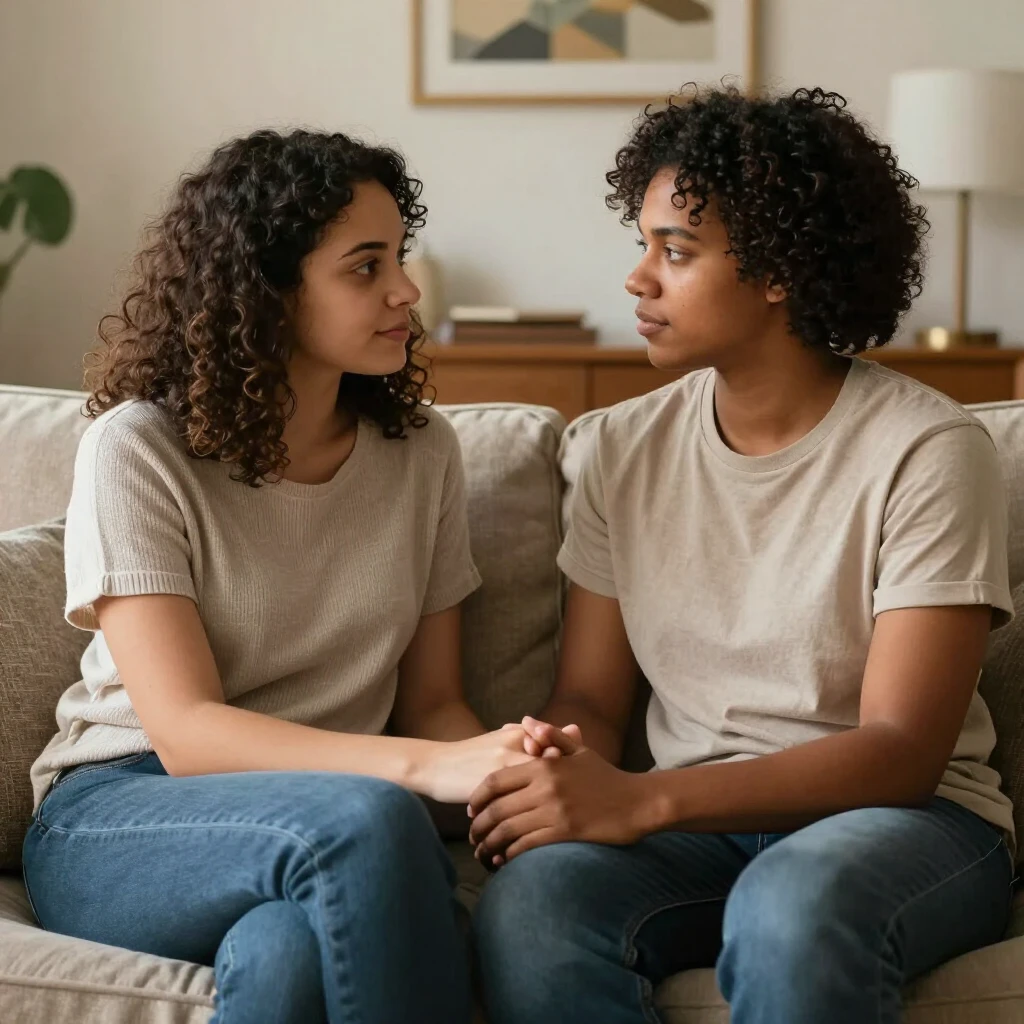 A supportive couple holding hands on a couch, sharing an empathetic moment during a difficult time