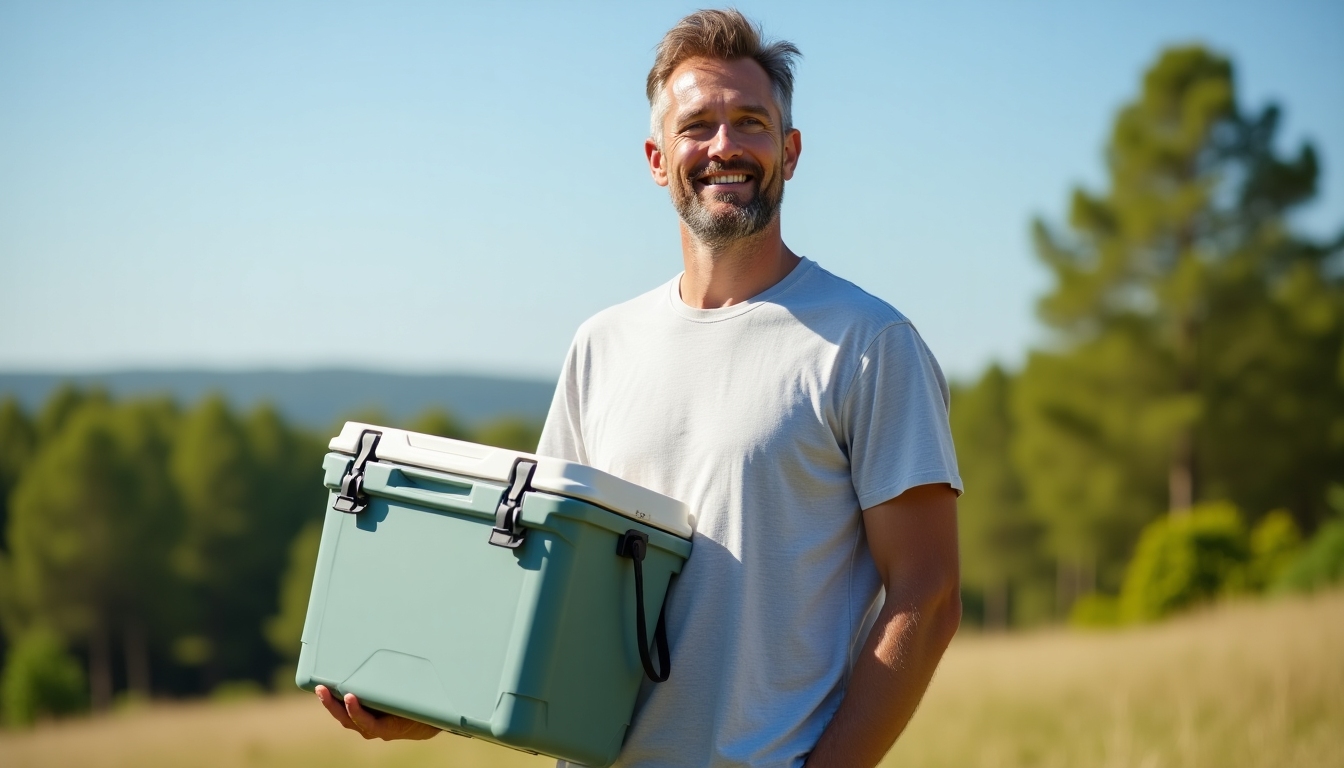 A man proudly holding a small cooler containing his preserved sperm sample.
