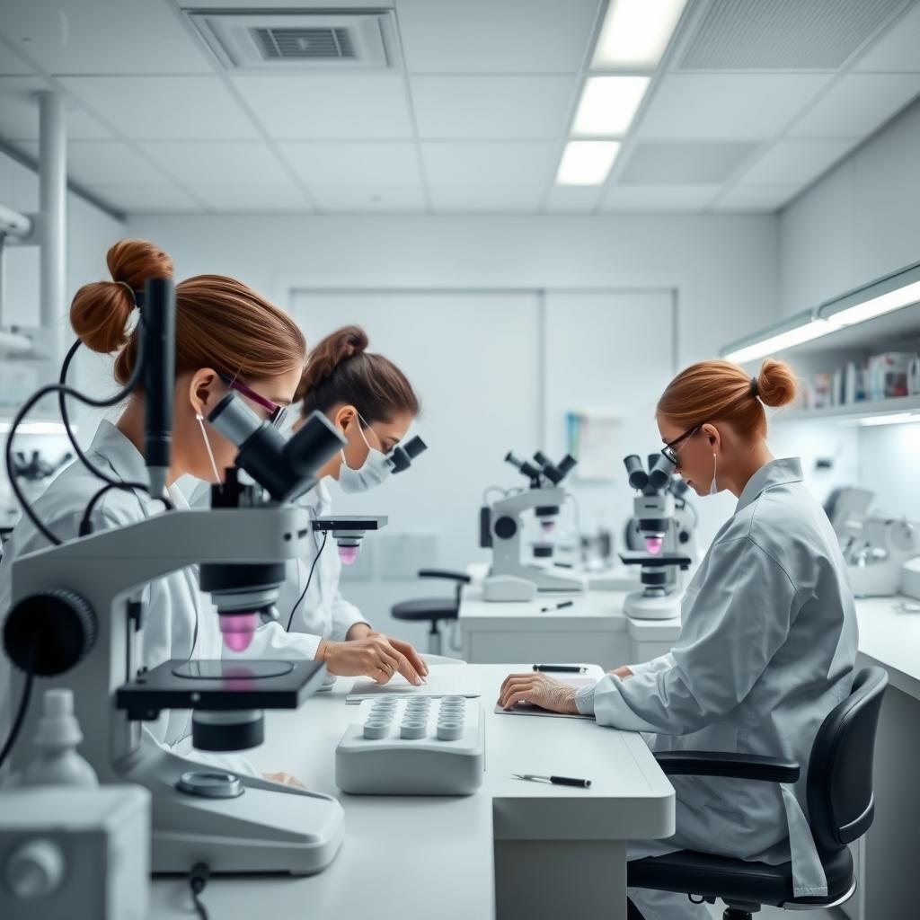 Modern fertility lab with embryologists at work