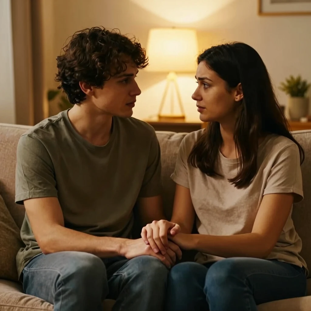 A supportive couple holding hands on the couch, sharing emotional support during fertility challenges
