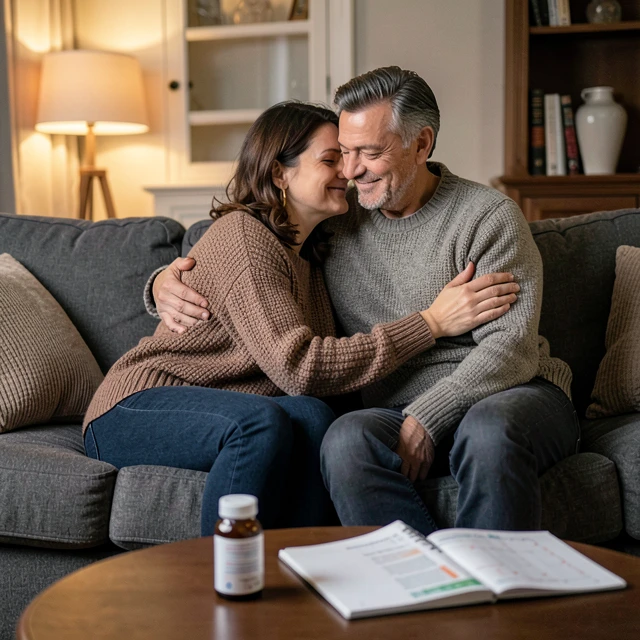 Couple sharing a supportive moment while preparing for pregnancy with prenatal vitamins