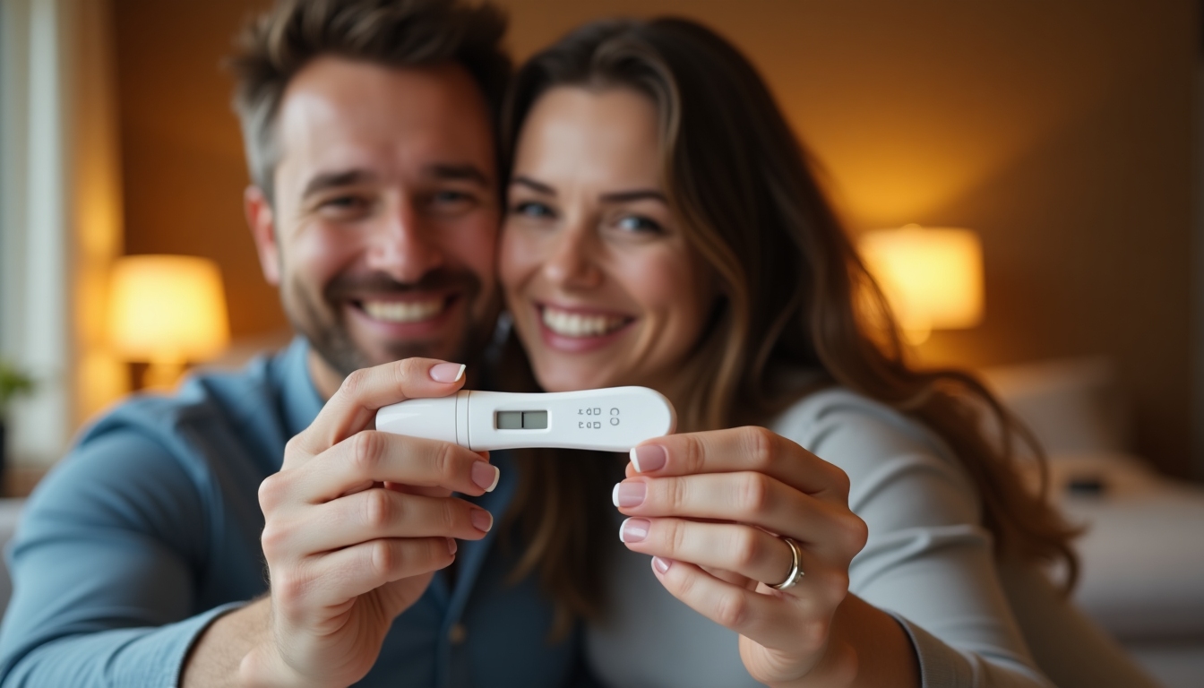 An emotional moment of a couple receiving good news after a pregnancy test