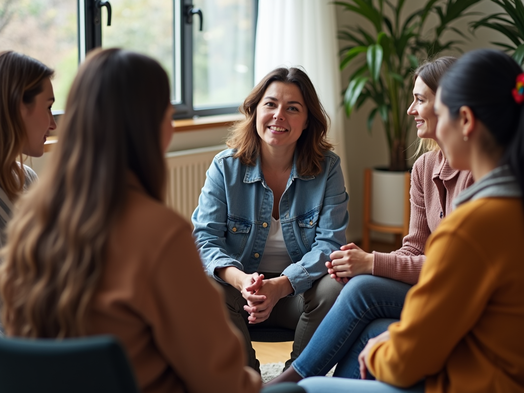 A support group meeting where individuals share their experiences and offer each other emotional support.