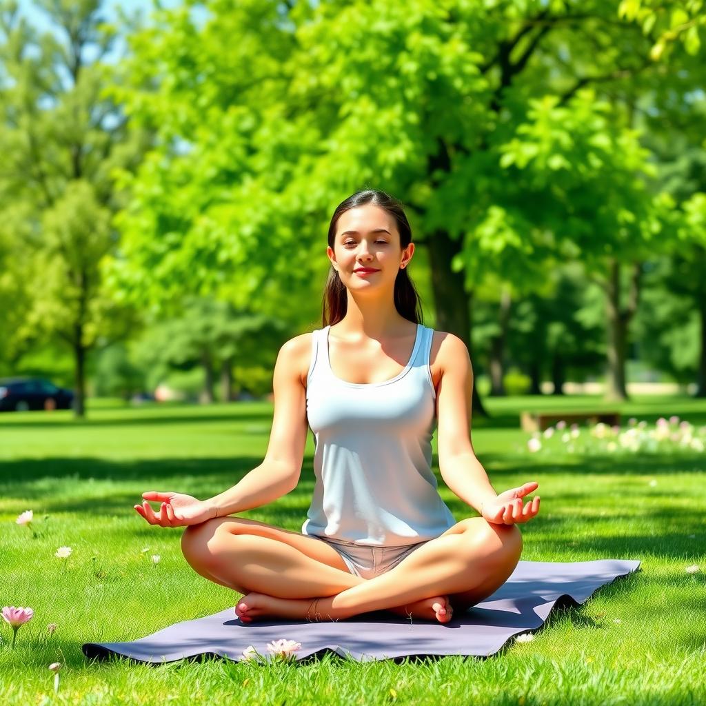 Woman practicing yoga in a park, promoting mental health for PCOS management.