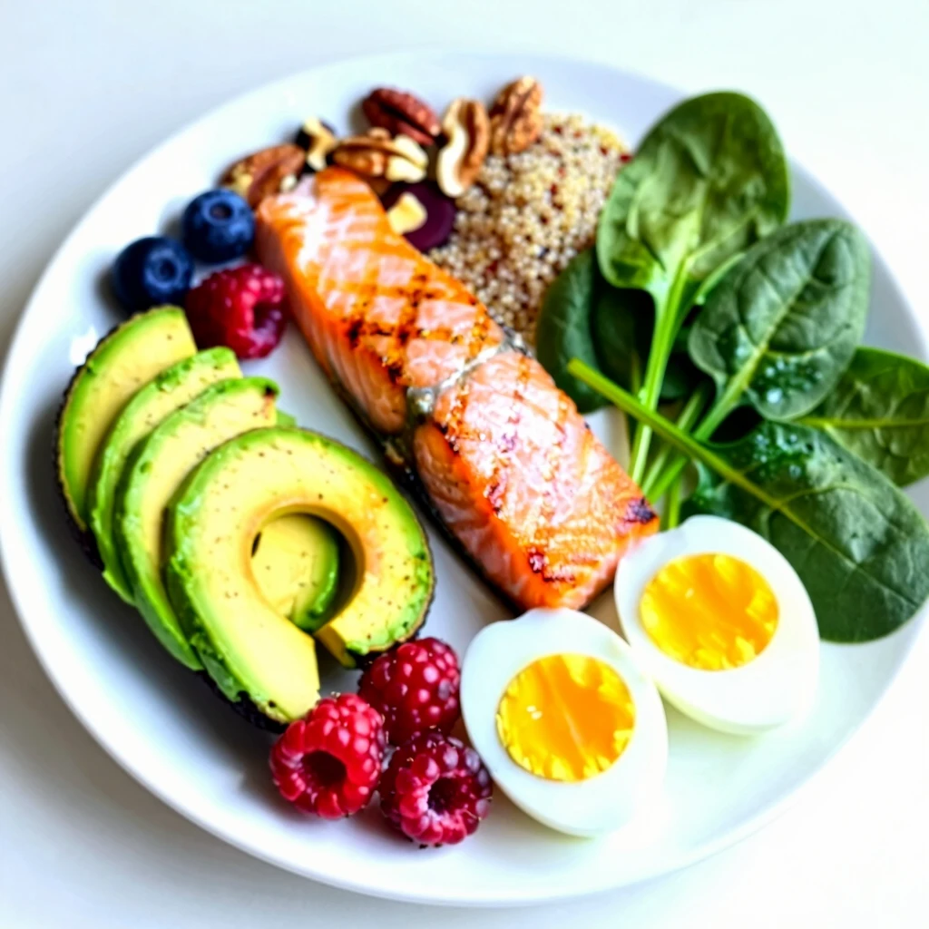 Nutrient-rich foods supporting fertility: salmon, avocados, berries, nuts, greens, grains, and eggs