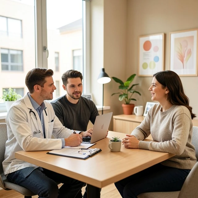 Compassionate fertility doctor consulting with LGBTQ+ couple