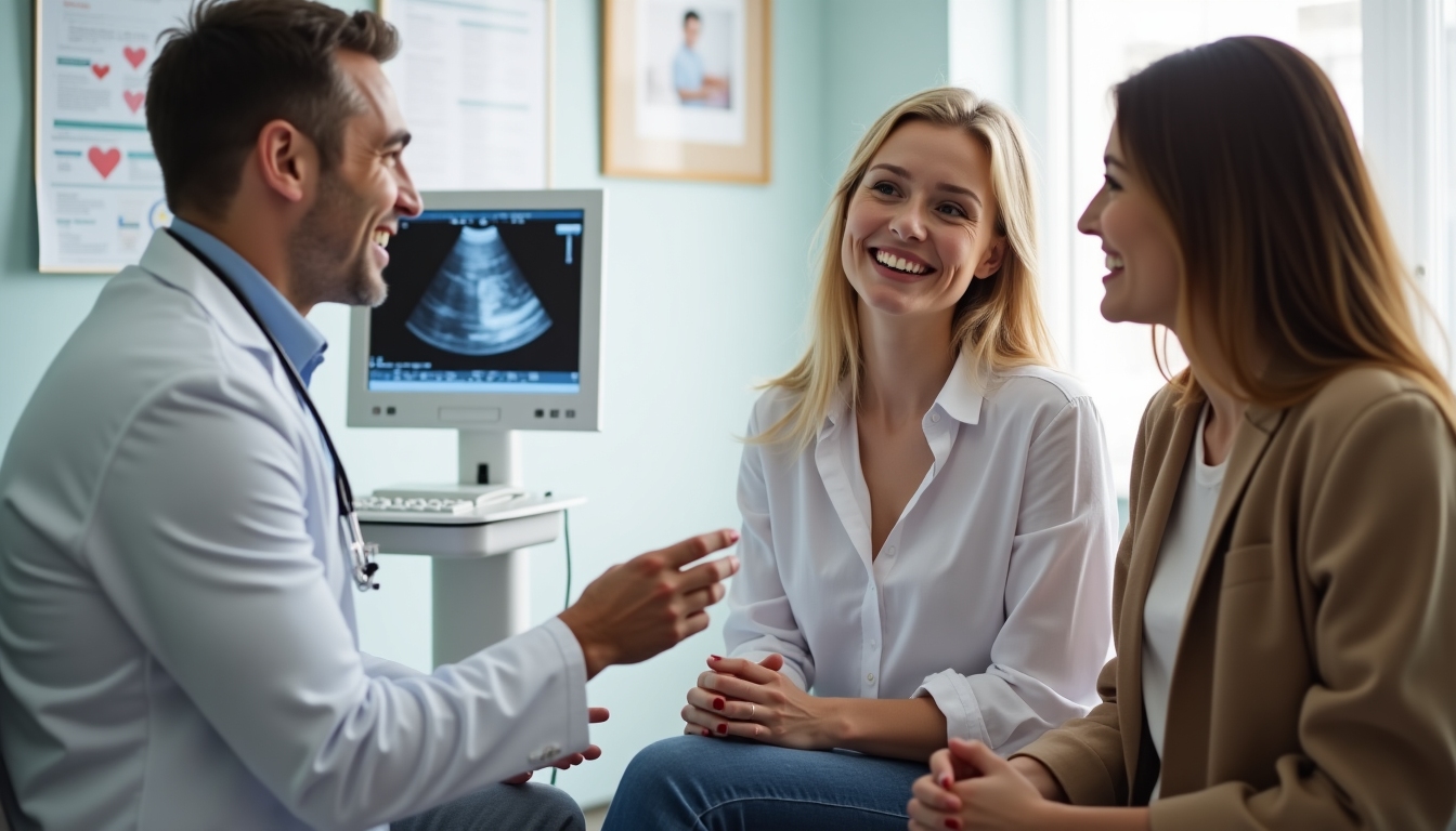 A woman holding her partner's hand while consulting with a doctor about IVF.