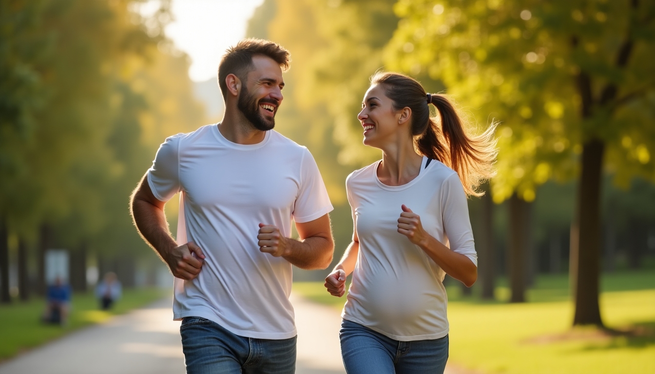 A couple jogging in a park, highlighting lifestyle changes for improving fertility.