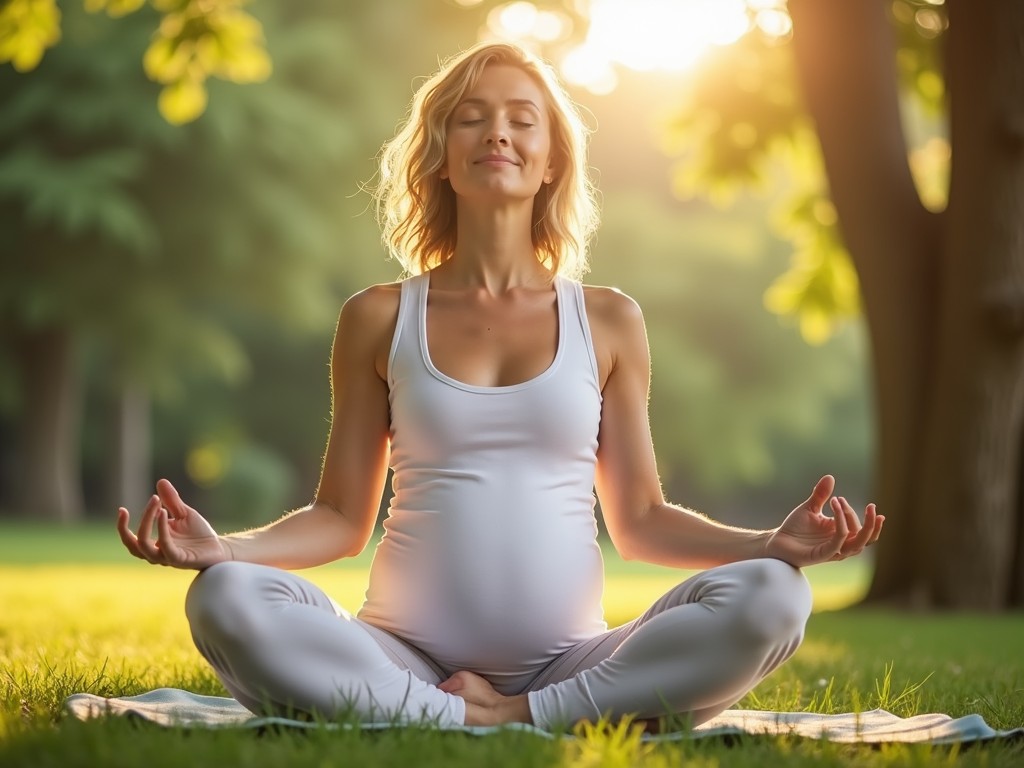 A health-conscious woman practicing yoga in a serene environment, representing stress management during IVF.
