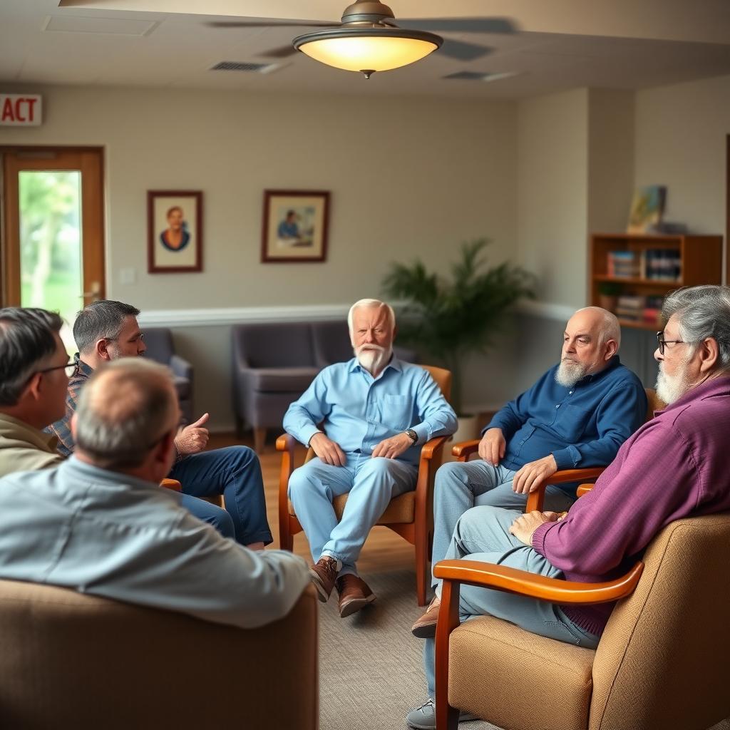 A group of men in a support group discussion, sitting in a circle in a warmly lit community center.