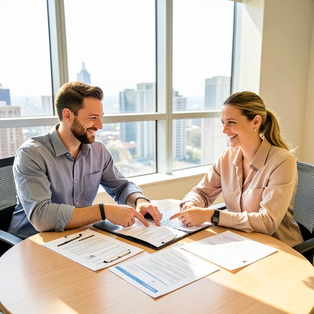 Same-sex couple meeting with a surrogacy lawyer to review legal contracts and parentage orders