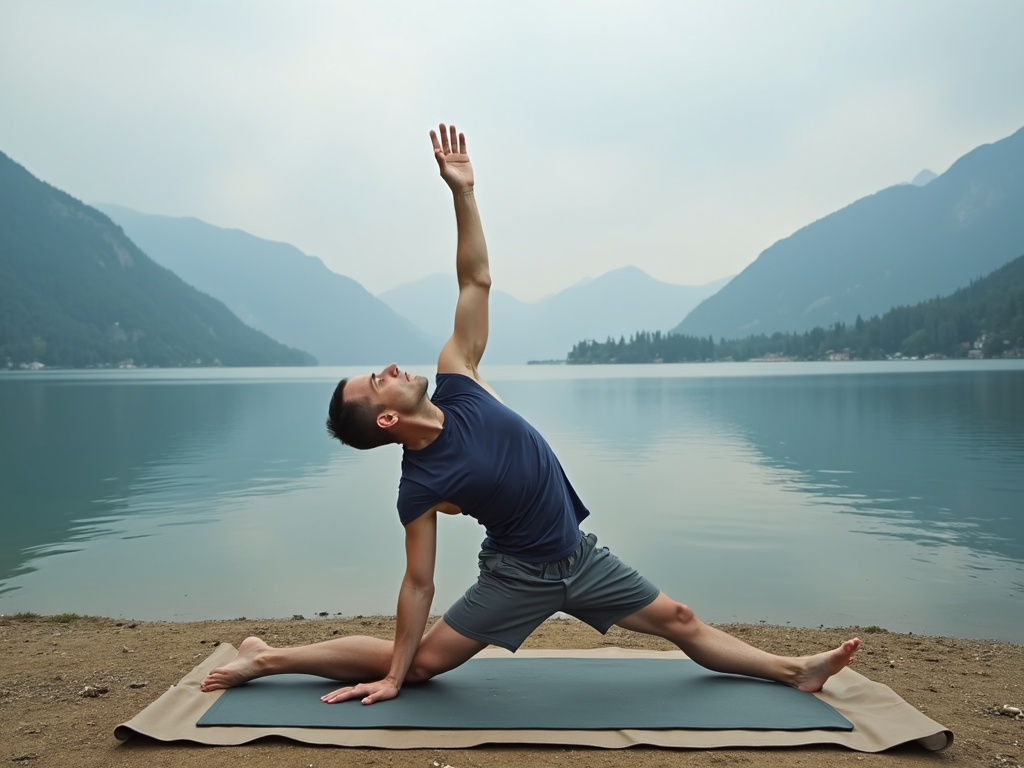 Man doing yoga by lake