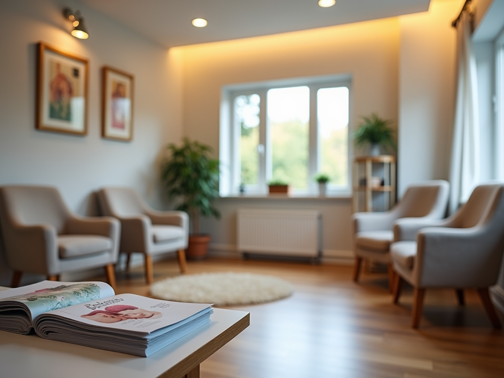 Fertility clinic waiting room with informational brochures