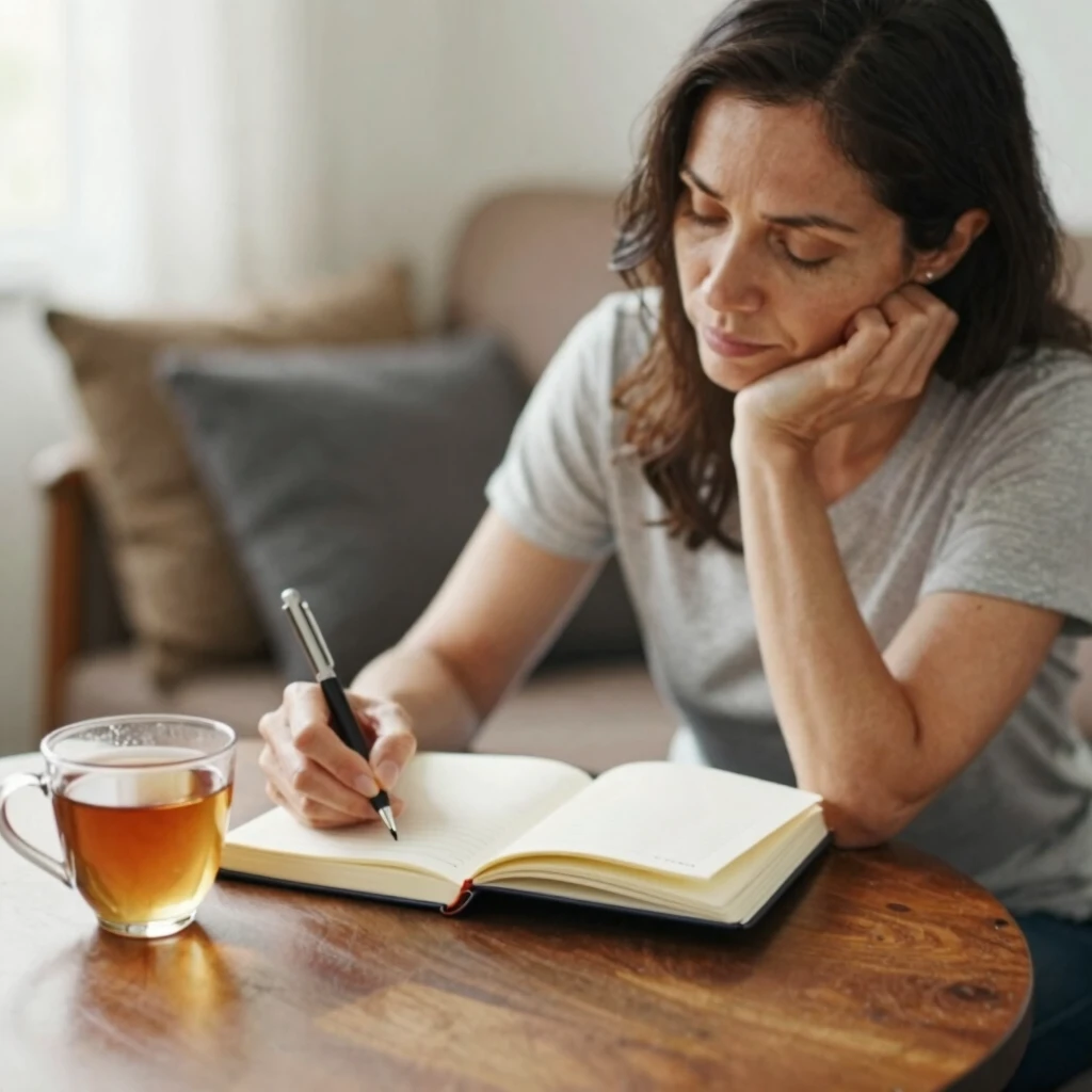 Woman journaling with tea as a mindfulness practice for emotional well-being