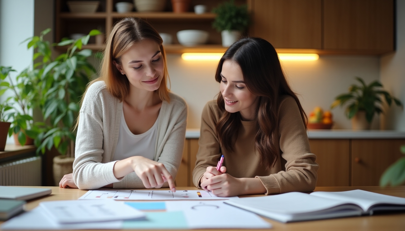 Two women sitting at a table reviewing financial options and medical documents related to fertility.