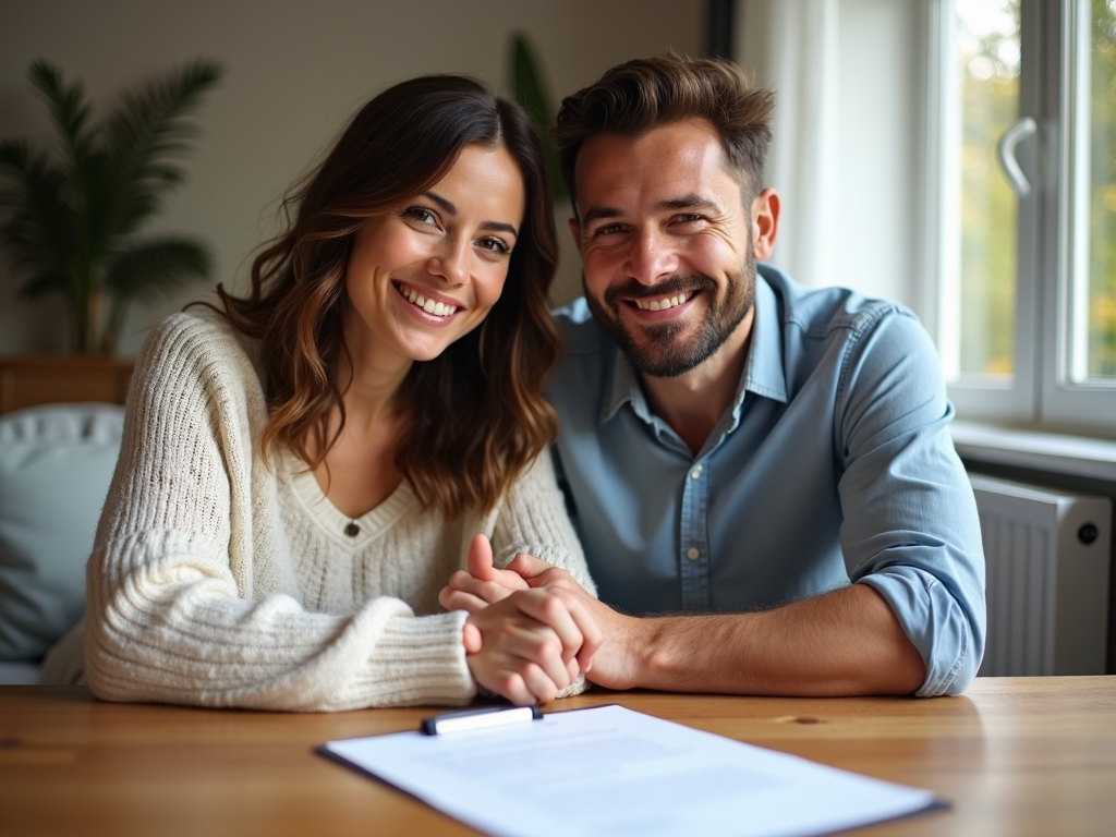 Surrogate mother and intended parents smiling with a contract on the table.