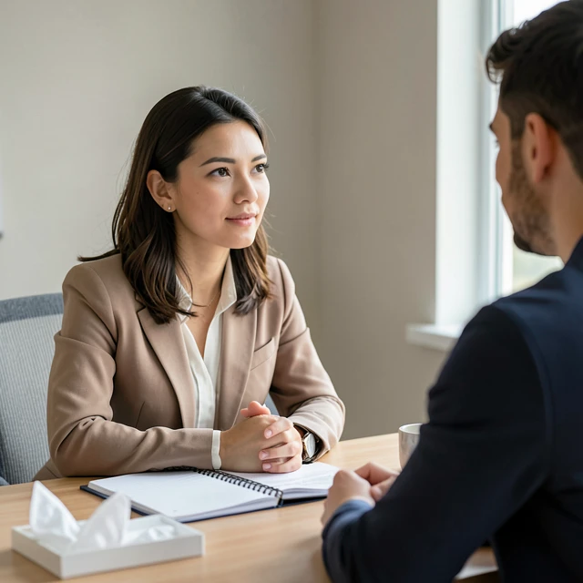 Fertility counselor supporting a same-sex couple through emotional challenges