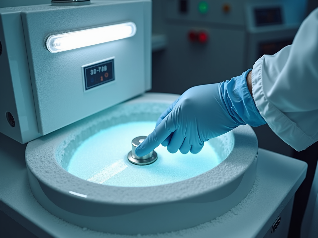 Technician handling cryopreservation tank for egg freezing