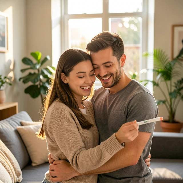 Couple celebrating positive pregnancy result after successful PCOS fertility treatment