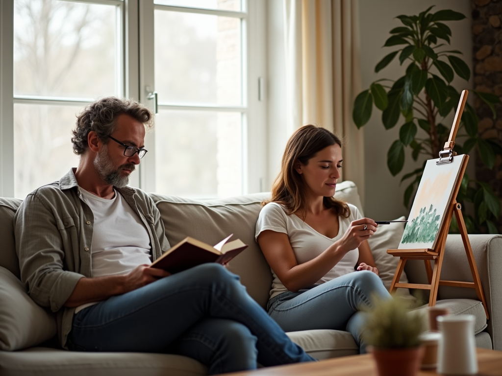 Couple practicing self-care together in their home.