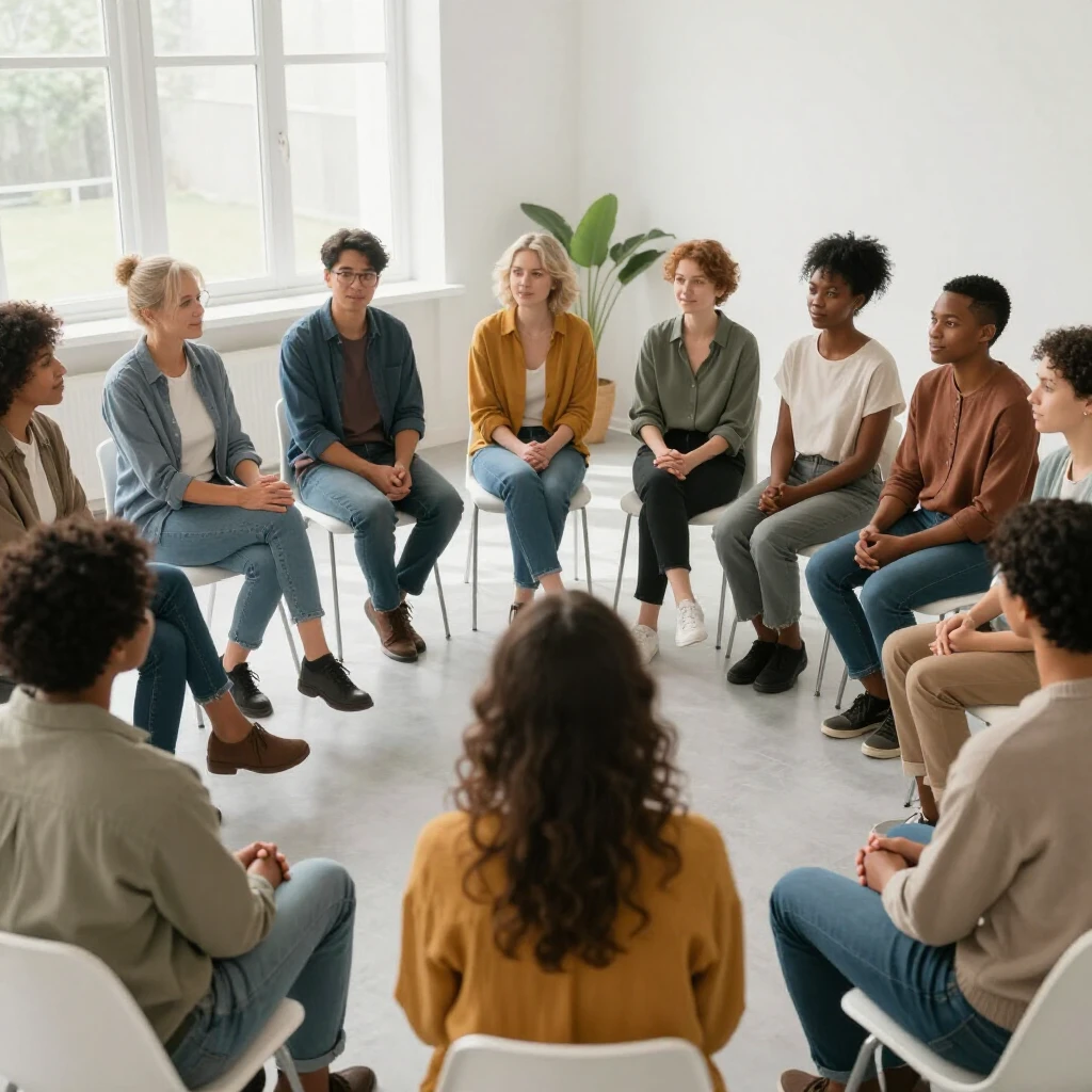 A diverse infertility support group sharing experiences in a circle