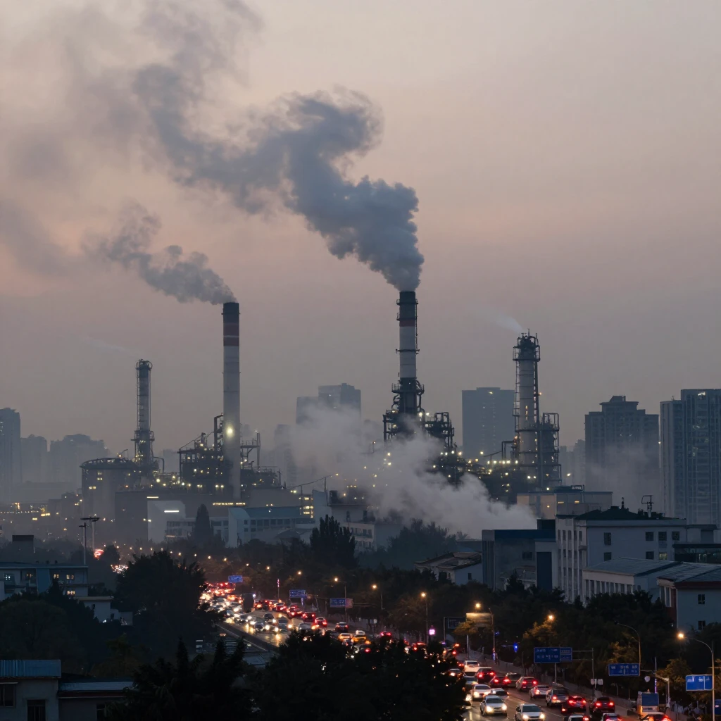 Polluted city skyline with heavy smog and industrial smoke representing environmental threats to fertility
