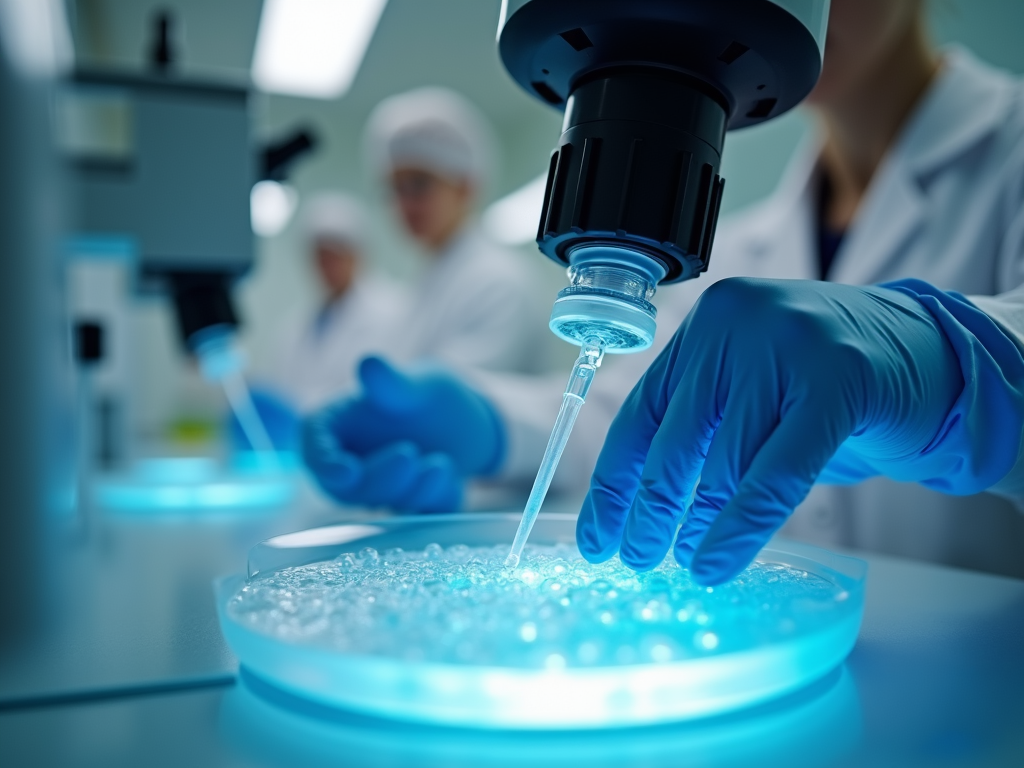 Lab technician handling embryos under a microscope in a fertility clinic lab.