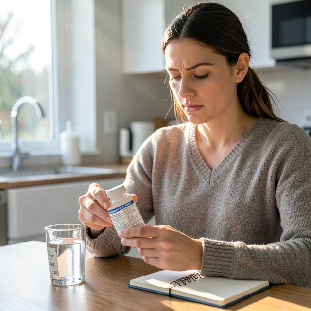 Woman safely reviewing fertility drug instructions at home
