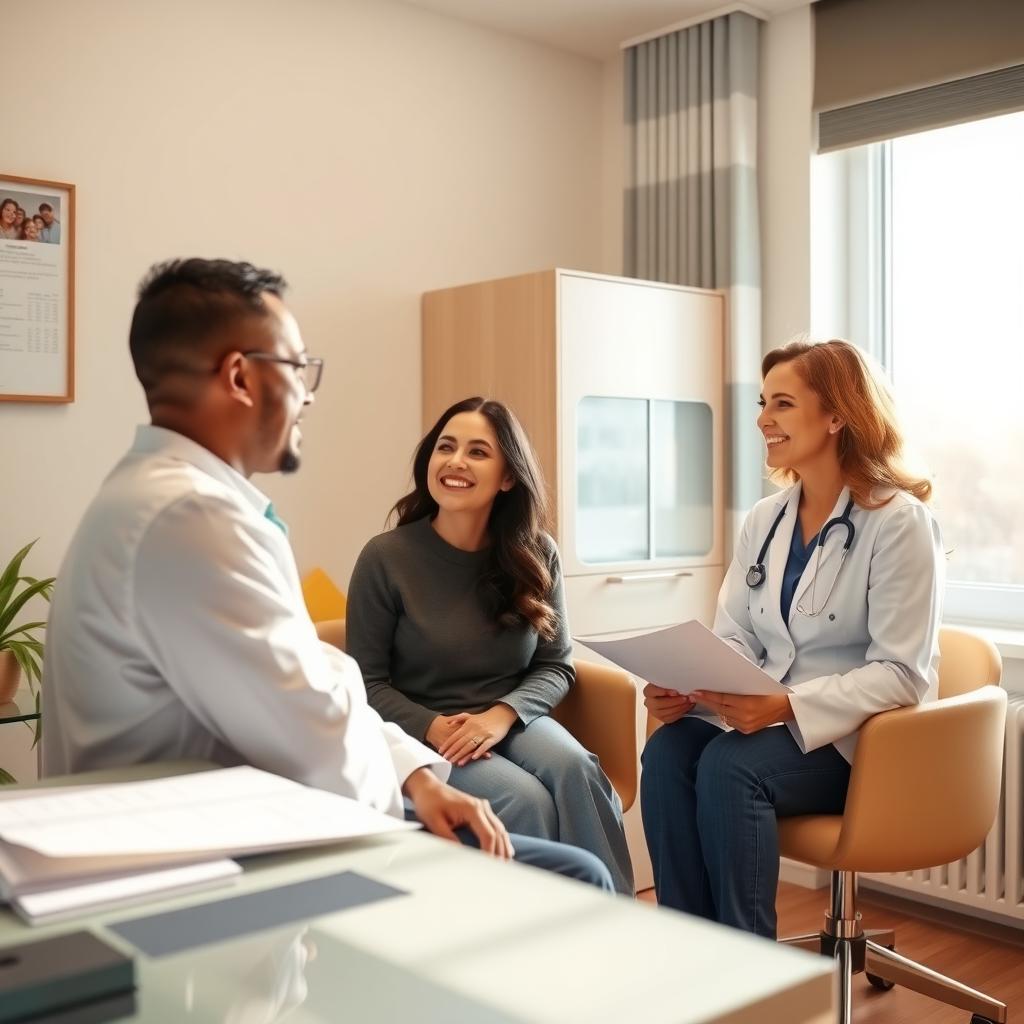 Couple consulting with a doctor about fertility treatments in a warm, modern office