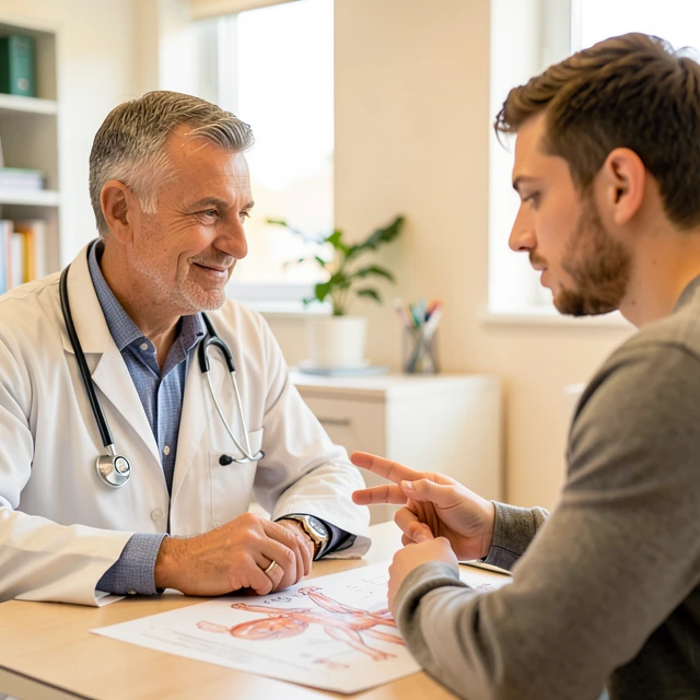 Urologist discussing azoospermia diagnosis with concerned patient in clinic
