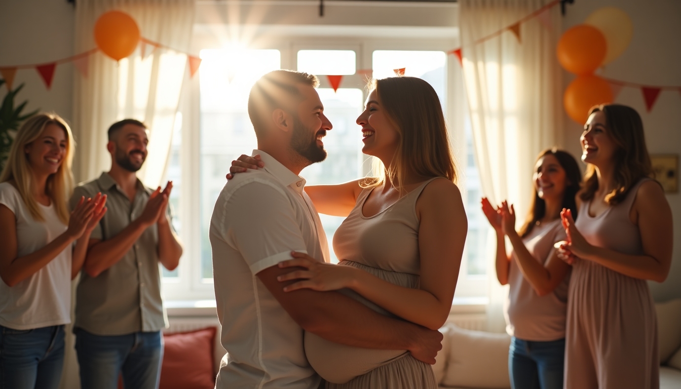 A couple embracing joyfully after receiving news of a successful embryo transfer, surrounded by supportive friends and family.