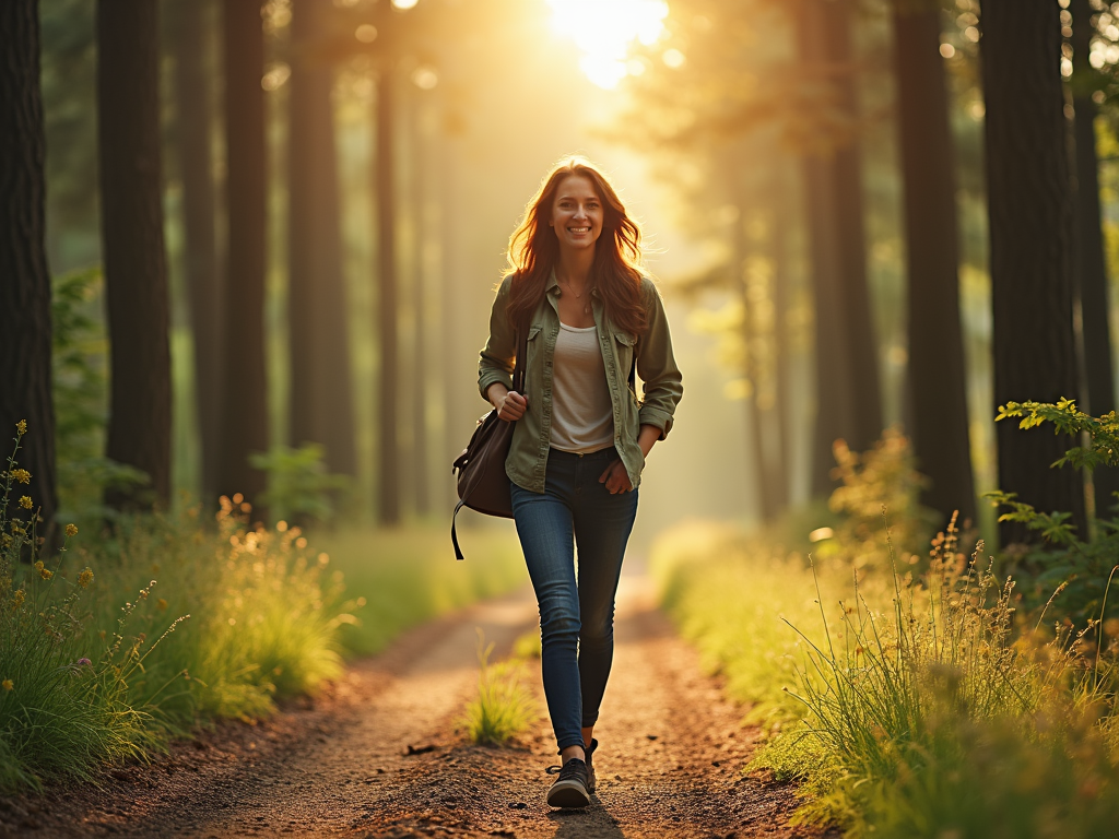 A woman walks with purpose through a forest, embracing her resilience.