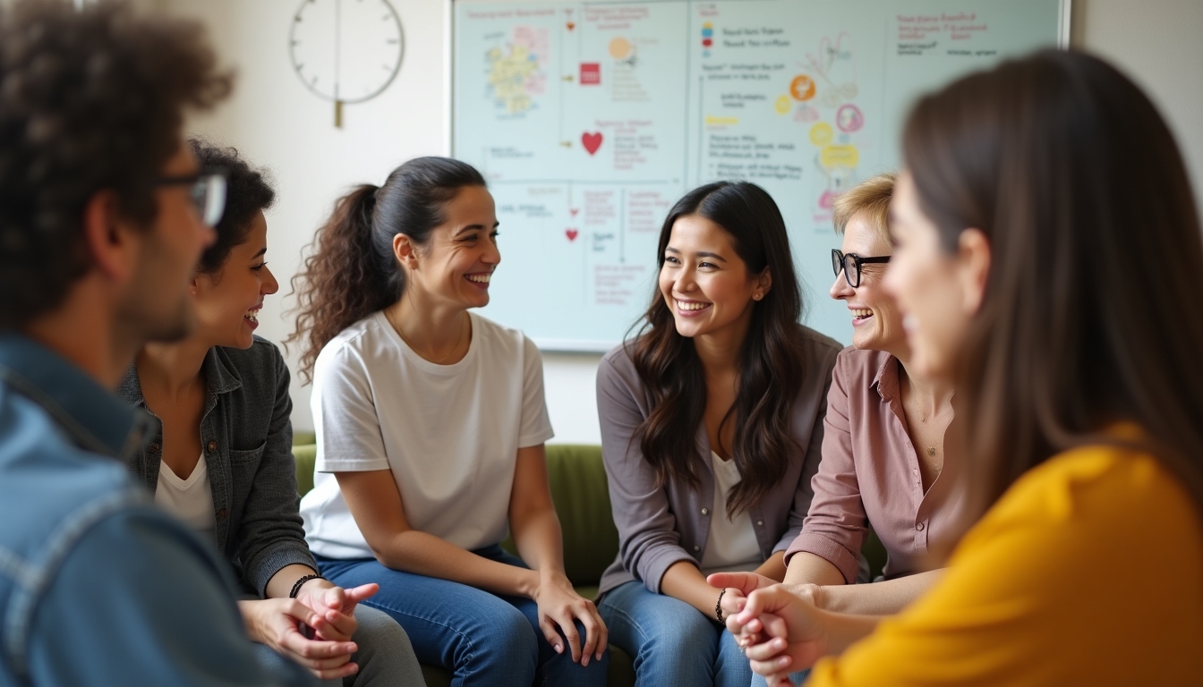 A group of diverse individuals in a support meeting, sharing their experiences and learning about fertility preservation advocacy.