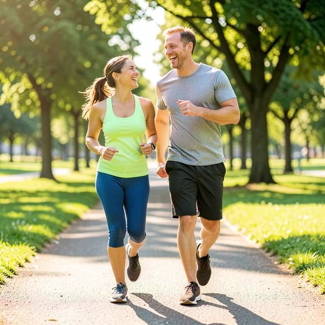 Couple walking together in park to support fertility health