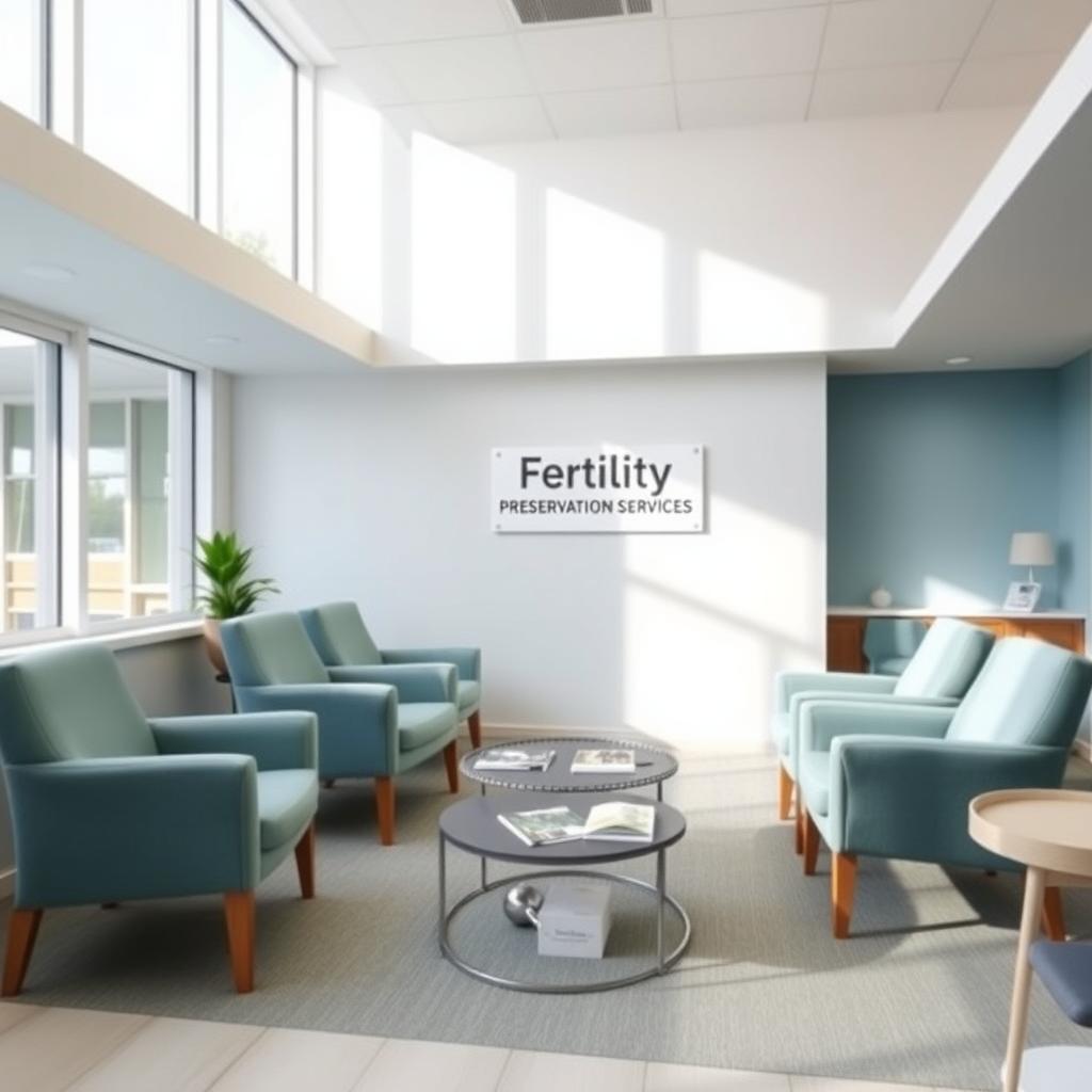 Modern fertility clinic waiting room with a sign for fertility preservation services.