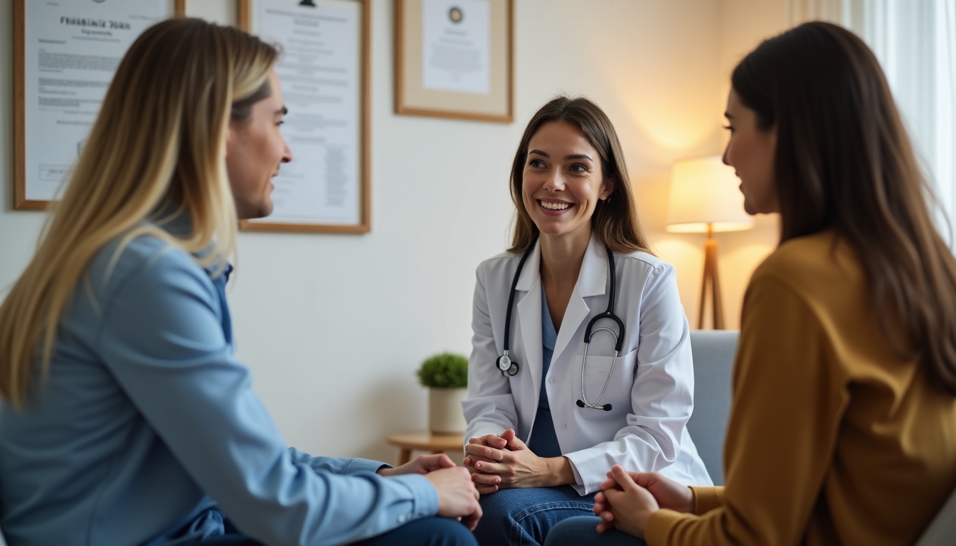 A fertility doctor consulting a couple in a cozy clinic room.