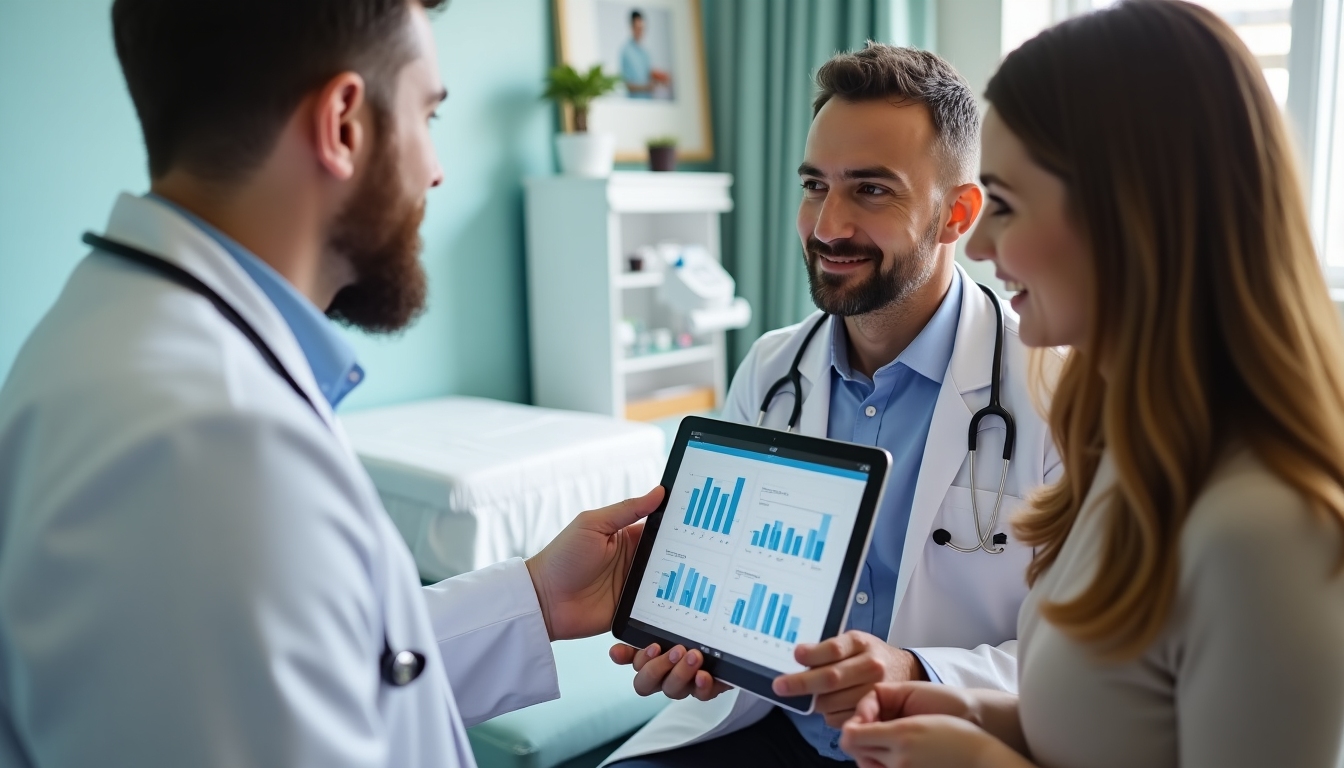 Doctor explaining IVF success rates using a tablet in a clinic.