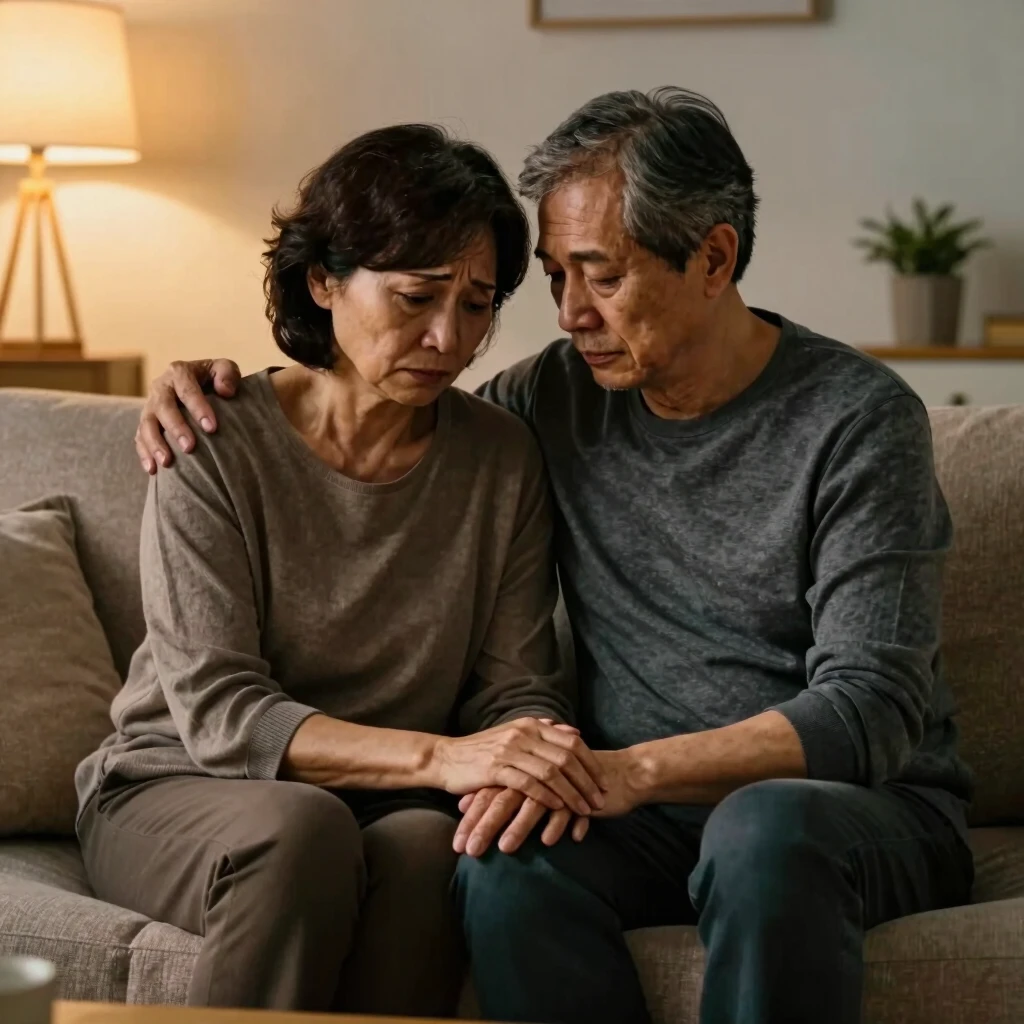 A couple sharing a moment of quiet support on the couch