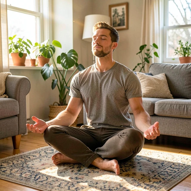 Man meditating at home to reduce stress and enhance sperm quality