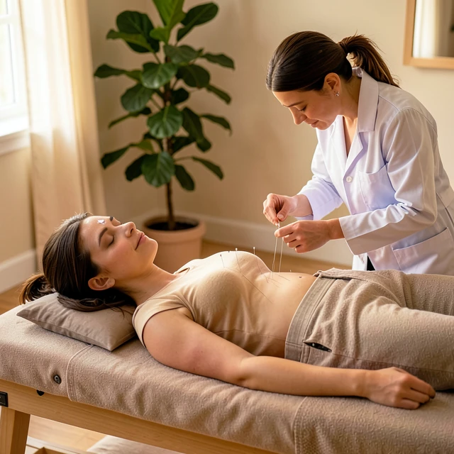 Woman receiving acupuncture treatment to support fertility