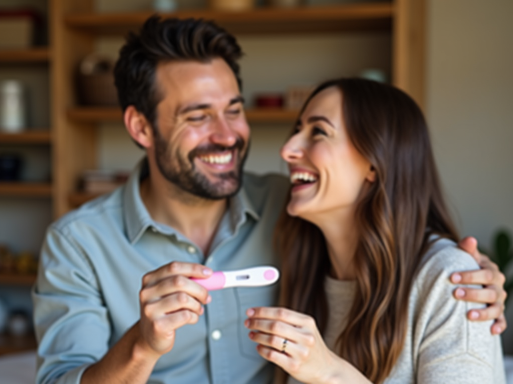 Couple celebrating positive pregnancy test after PCOS treatment