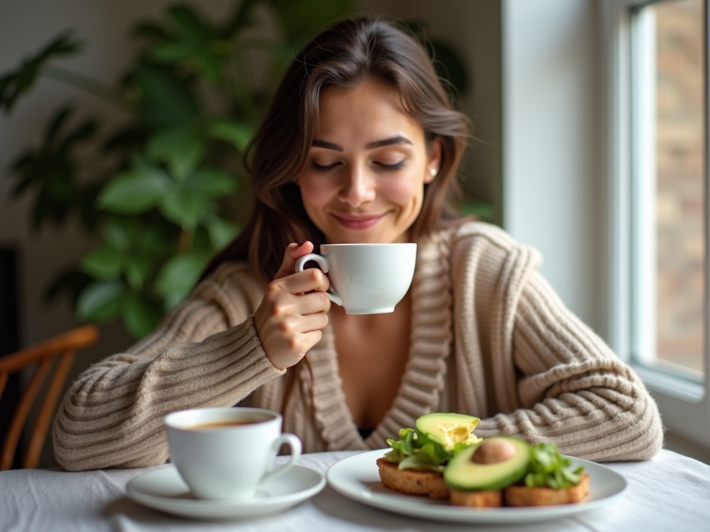 A woman enjoying a healthy snack, showing calm and wellness.