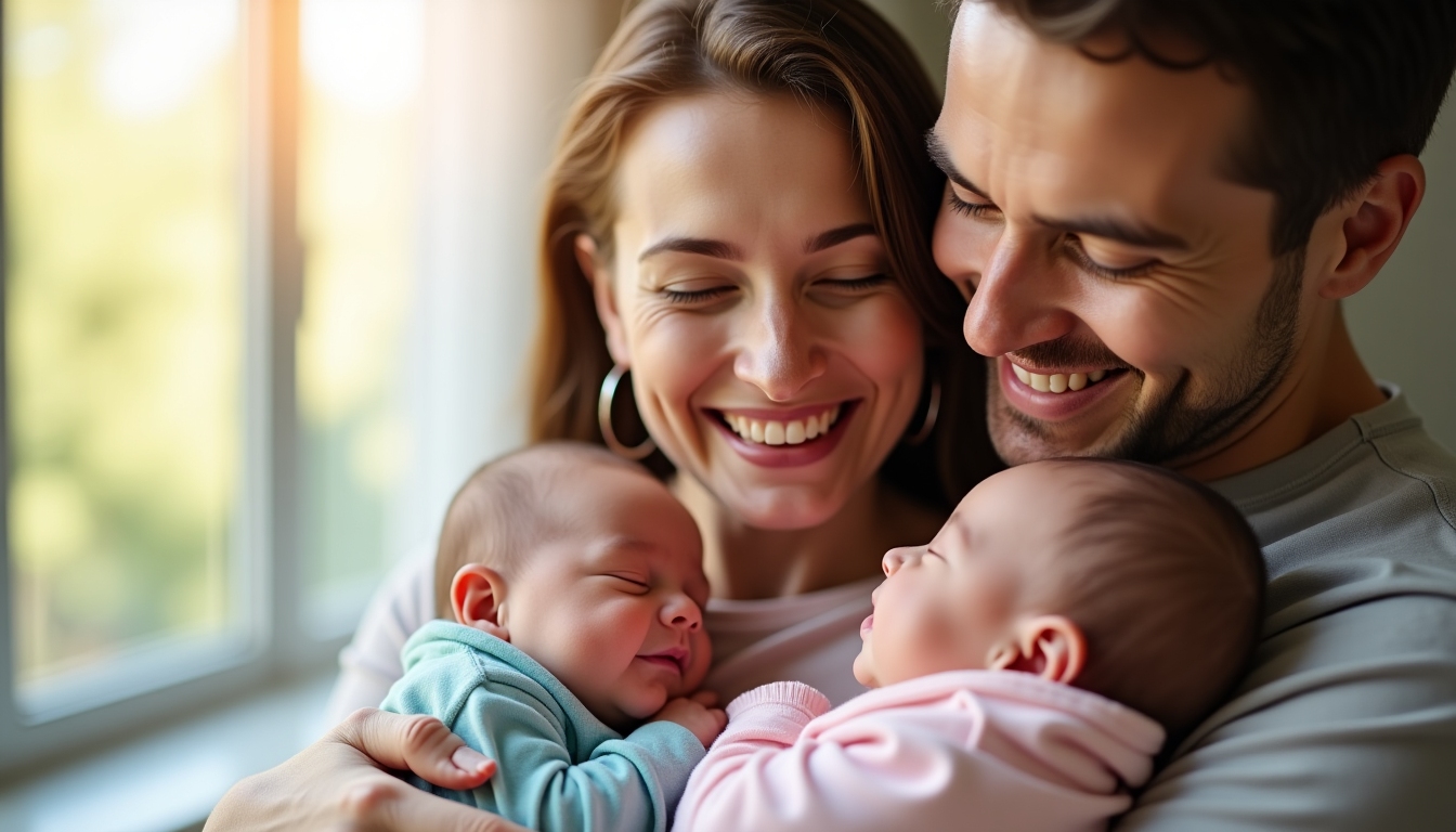Parents playing with their twin babies in a sunny living room, signifying joy after successful IVF treatment.