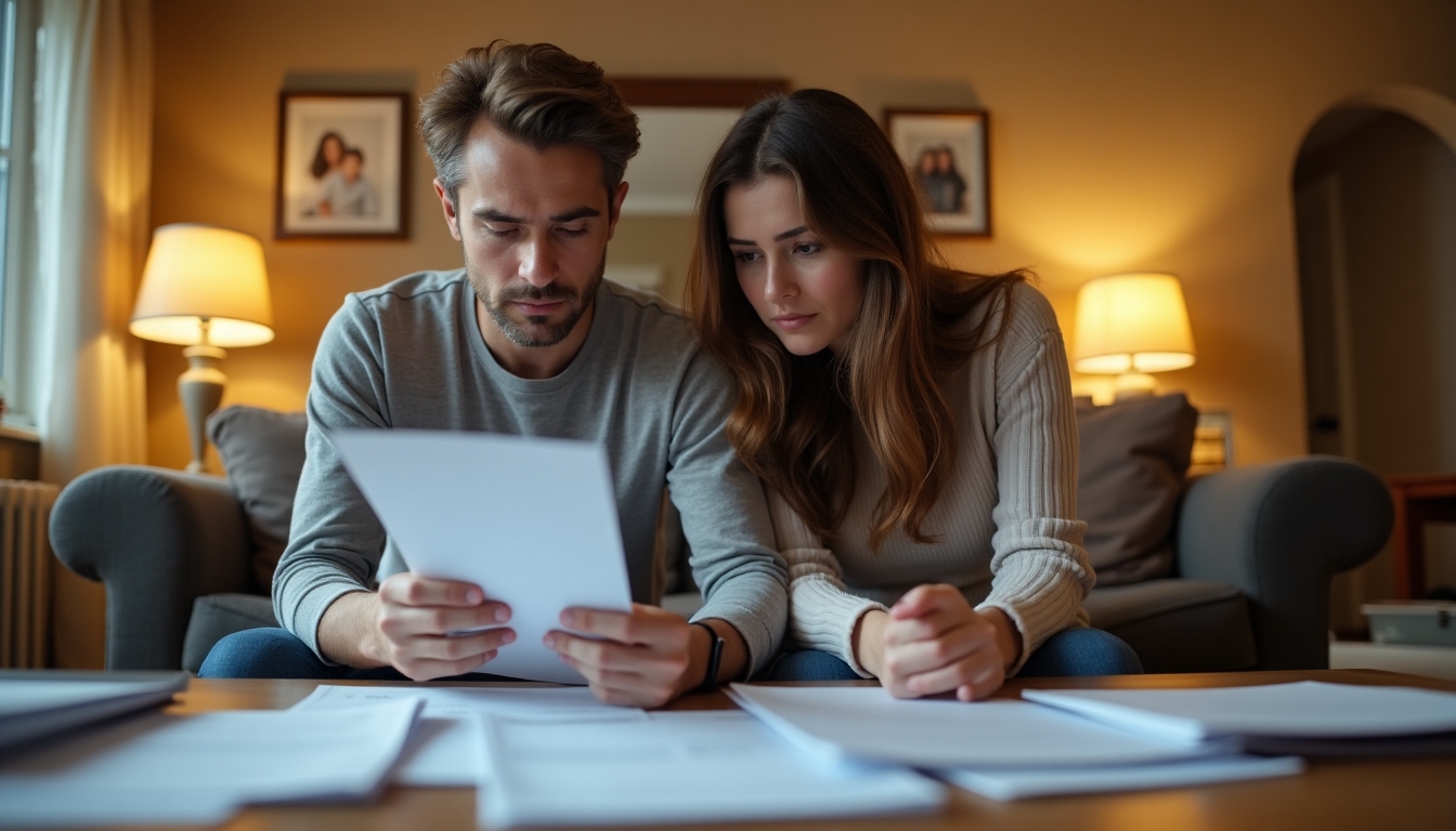 A couple looking at paperwork with concerned expressions in a warm-lit living room.